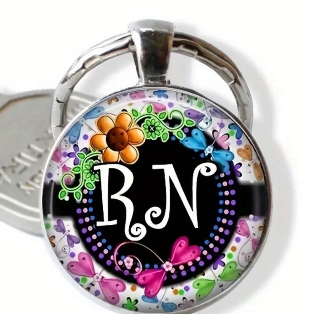 RN Registered Nurse Keychain Round Flower Butterfly Gift